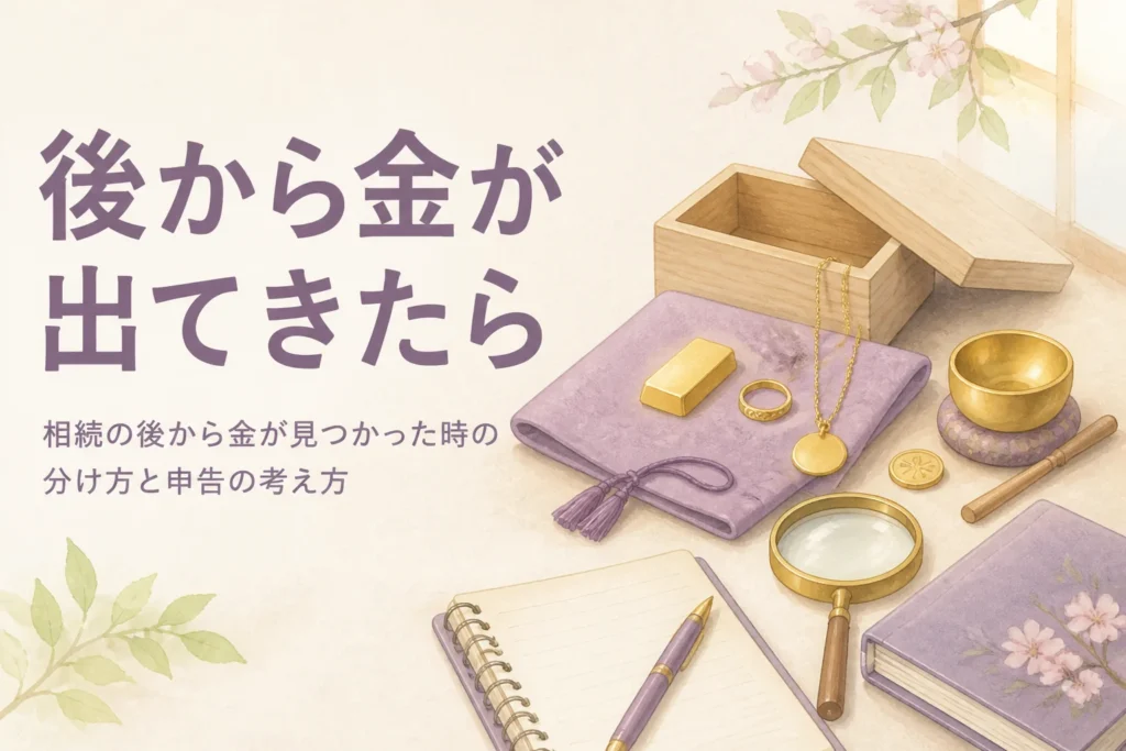 相続の後から金が見つかった時の分け方と申告の考え方を表したアイキャッチ
