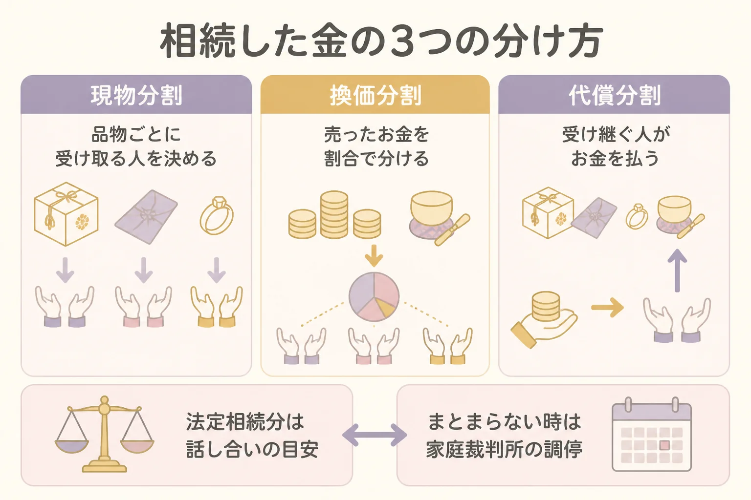現物分割・換価分割・代償分割の3つの分け方を比べた図解