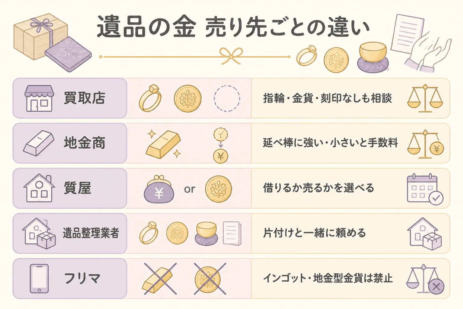 遺品の金の売り先ごとの違いを比べた図解
