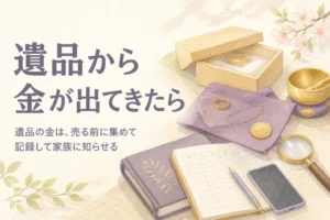 遺品から出てきた金の指輪や金貨を、売る前に記録して家族に知らせることを表したアイキャッチ