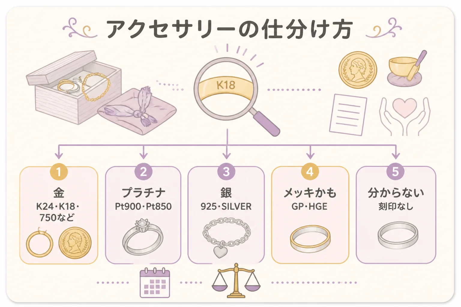 遺品のアクセサリーを刻印を手がかりに金・プラチナ・銀・メッキ・分からないの5つに分ける図解