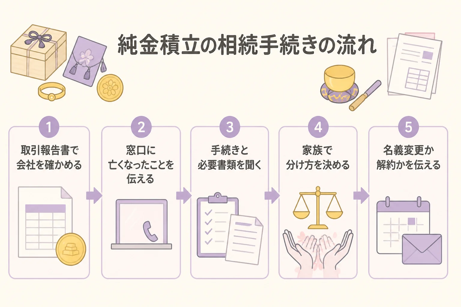 純金積立の契約者が亡くなった後の、連絡から受け取りまでの流れの図解