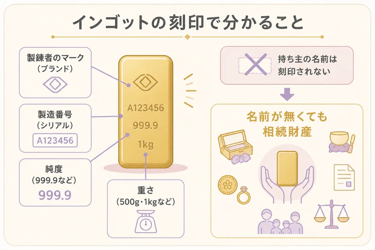 インゴットの刻印で分かる4つのことと、持ち主の名前は入らないことを示した図解