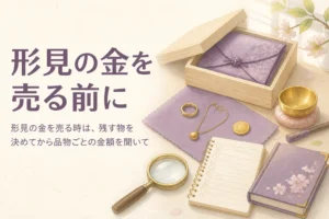 形見の金を売る前に、残す物を決めて品物ごとの金額を聞く流れを表したアイキャッチ