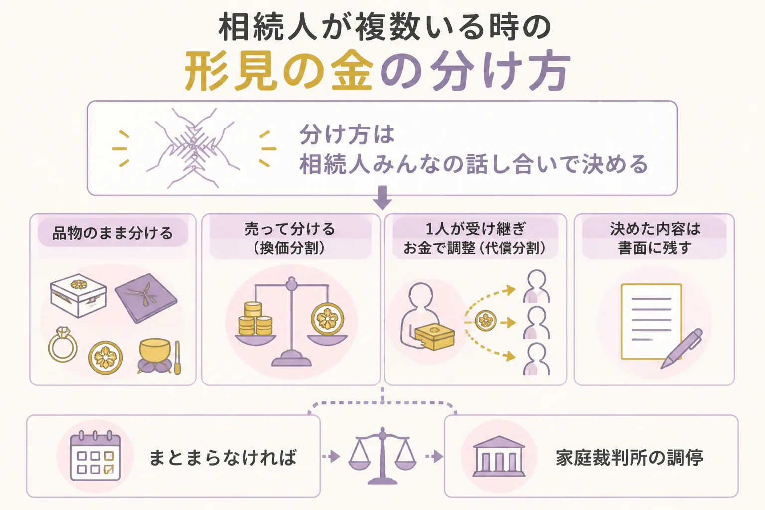 相続人が複数いる時の形見の金の分け方3通りを比べた図解