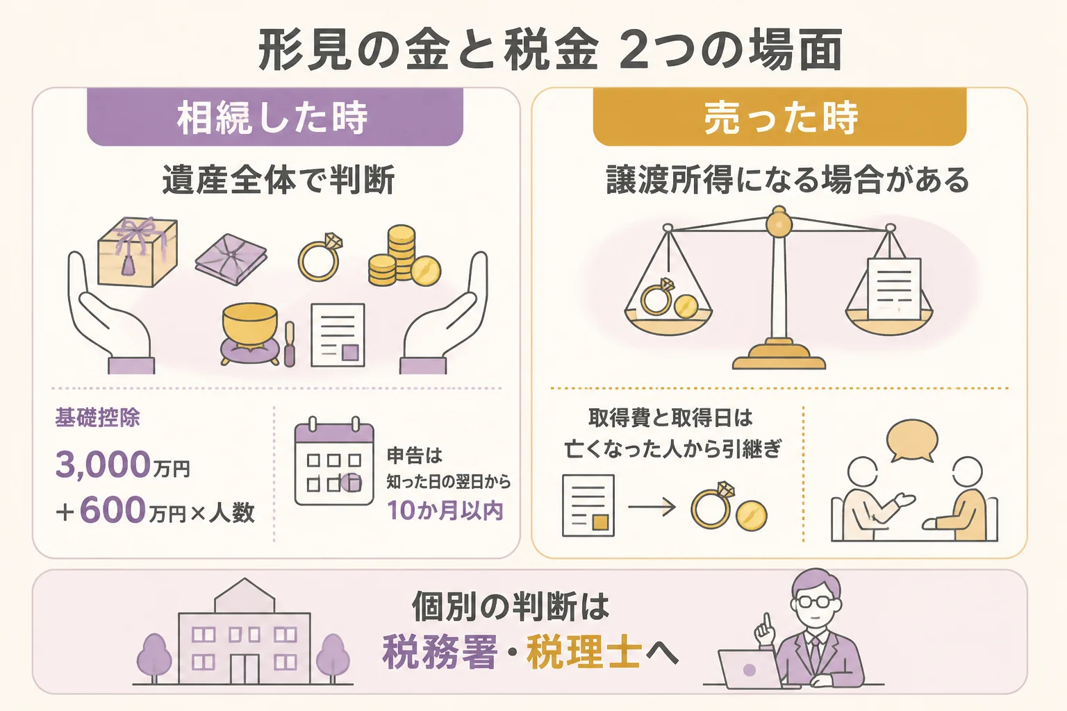 形見の金に関わる税金を、相続した時と売った時の2つの場面に分けた図解