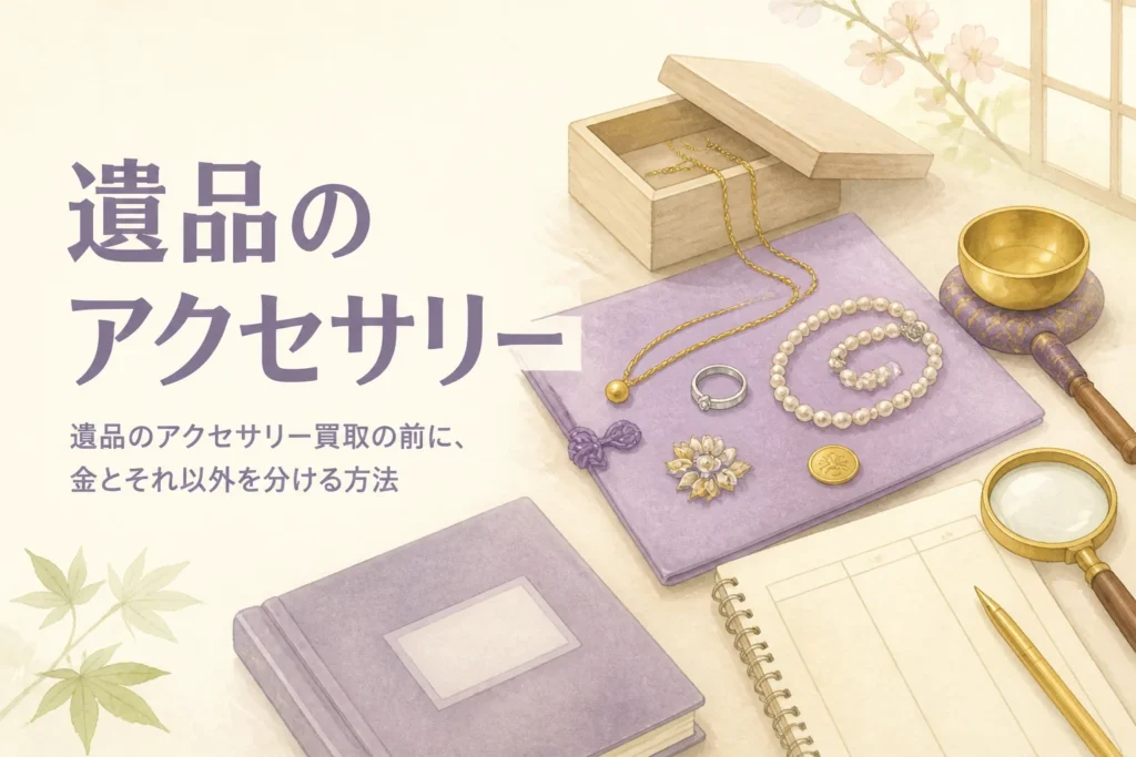 遺品のアクセサリーを金とそれ以外に分けて買取に出す方法を表したアイキャッチ