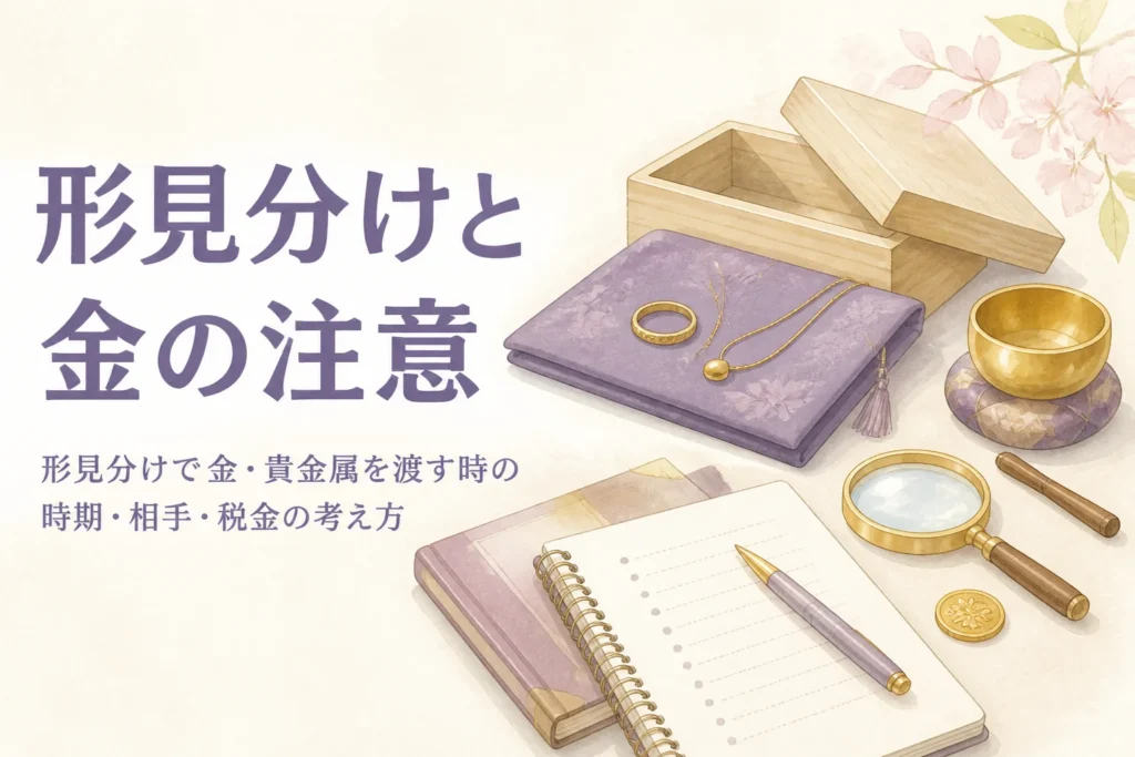 形見分けで金や貴金属を渡す時の注意を表したアイキャッチ