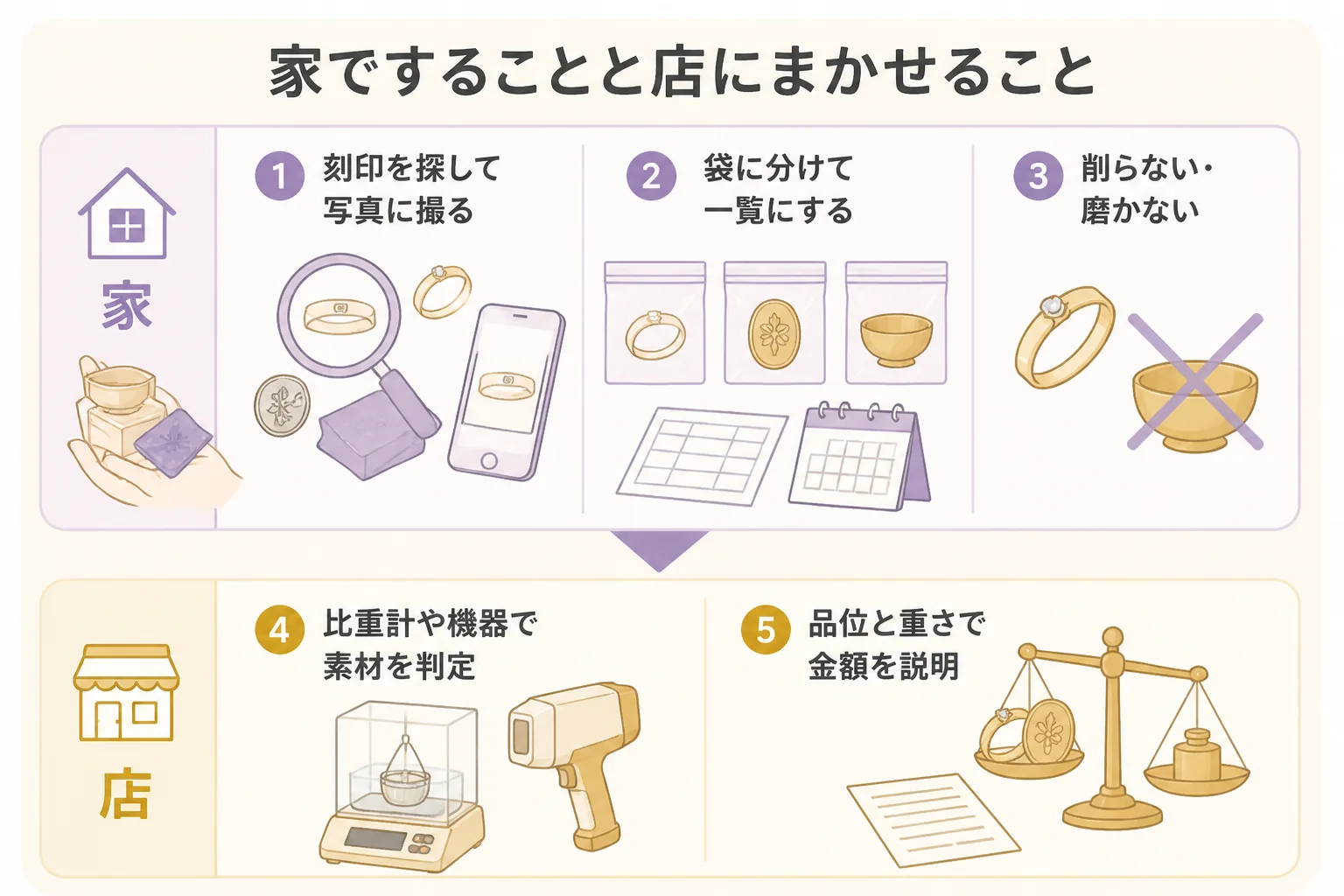 刻印なしの金について家でしてよいことと、店にまかせることを比べた図解