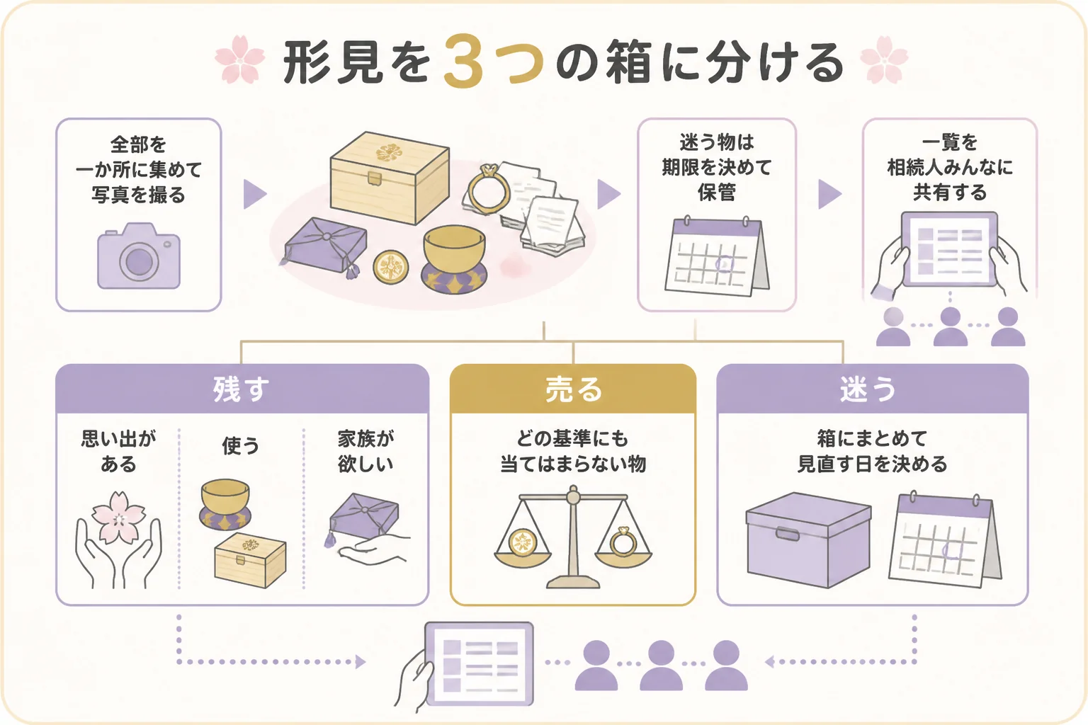 形見を残す物・売る物・迷う物に分ける流れを示した図解