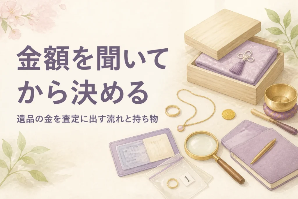 遺品の金を査定に出す流れと持ち物のイメージ
