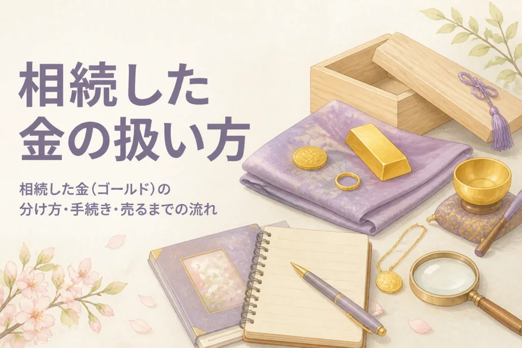 相続した金の分け方と手続き、売るまでの流れを表したアイキャッチ