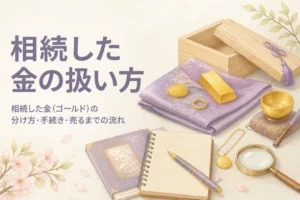 相続した金の分け方と手続き、売るまでの流れを表したアイキャッチ