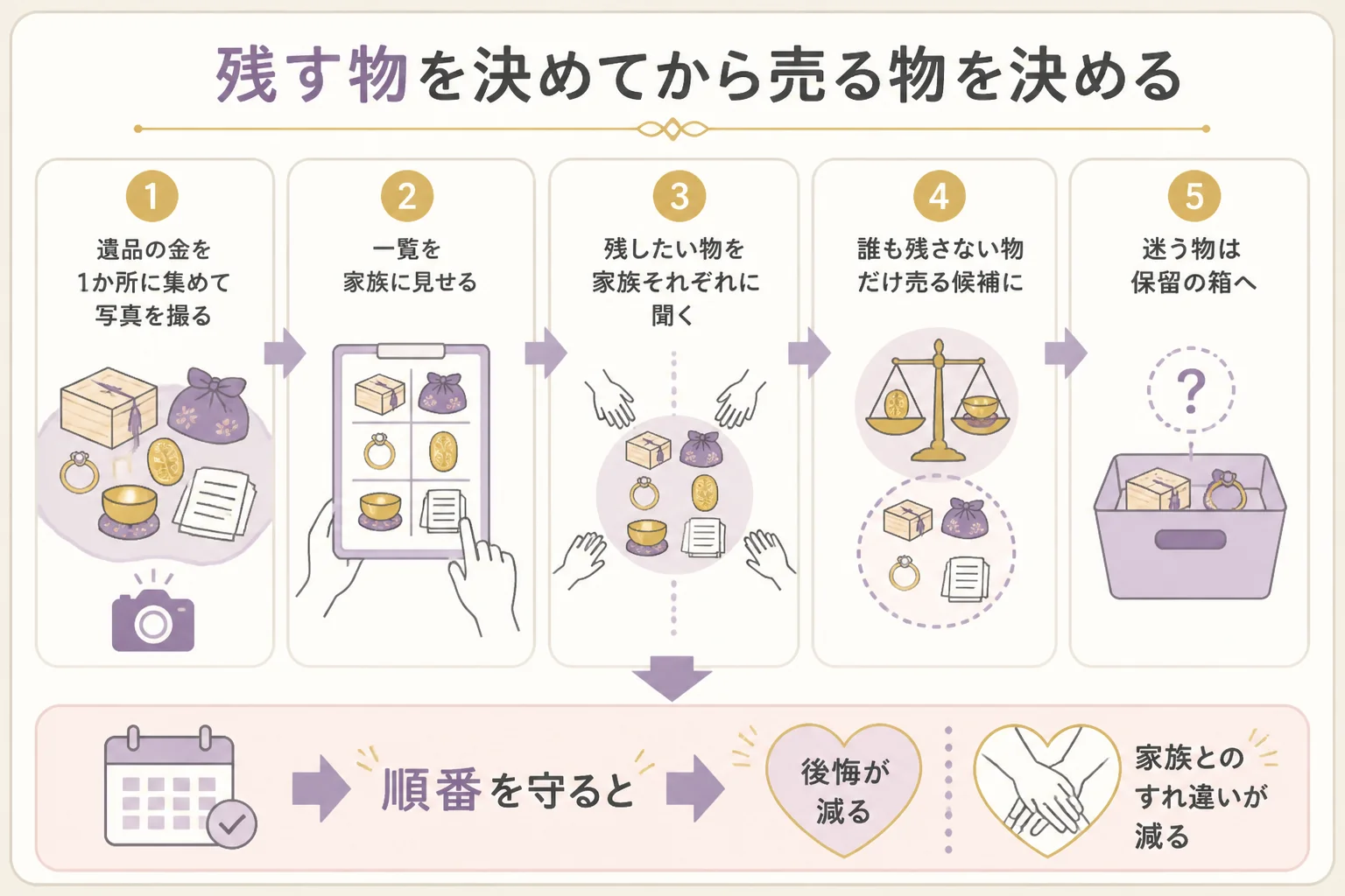 形見を手放す前に残す物と売る物を決める順番の図解